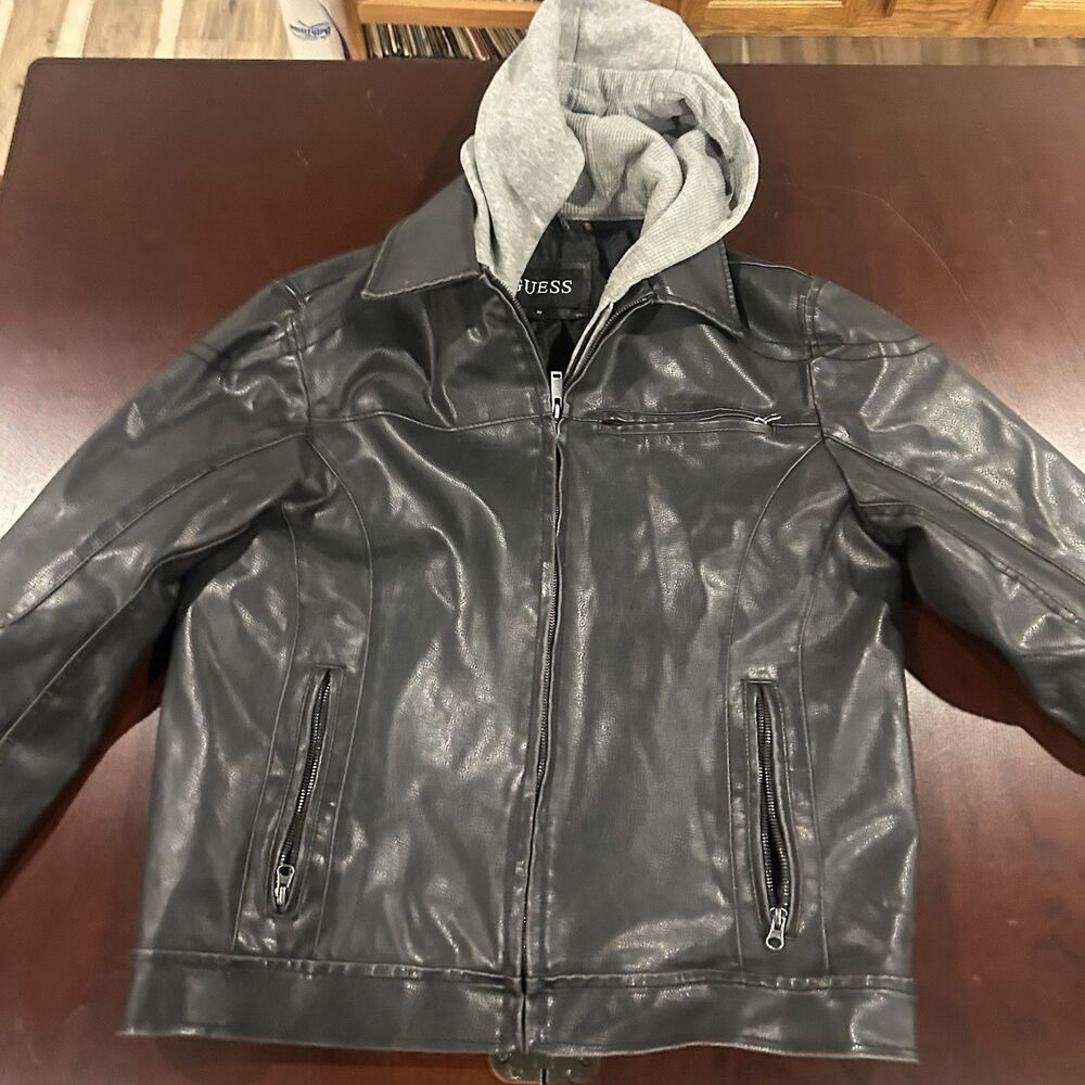 Guess Faux Leather Biker Jacket Men’s M Black Hooded Zip Moto Gray